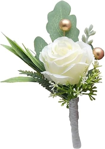 1Pc Roses Boutonniere for Men Wedding, Groom Groomsman Artificial White Rose Flowers with pins for Wedding Anniversary Celebration,Prom,Party,Home Decoration Artificial Flowers