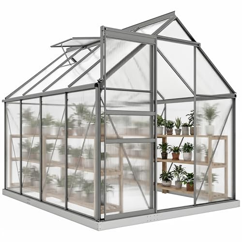 Outsunny Serre de Jardin 4,8 m² en Aluminium Polycarbonate avec Fondation, 190 x 253 x 199 cm, Serre avec Fenêtre Réglable et Porte Coulissante, Abri Extérieur Résistant aux Intempéries, Gris Foncé