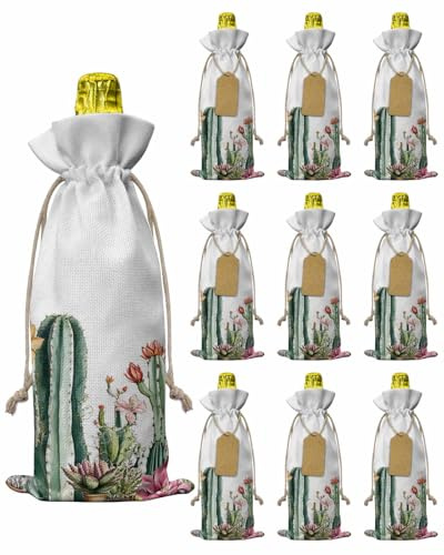 Burlap Wine Bags 10 PCS Cactus Wine Bottle Gift Bag Flower Tropical Plant Reusable Wines Gift Bags with Drawstrings Tags & Ropes Wines Bottle Covers for Wedding Holiday Party Birthday