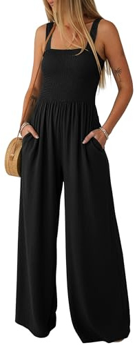 Lepunuo Jumpsuits for Women Casual One Piece Overalls Smocked Wide Leg Long Rompers With Pockets Beach Vacation