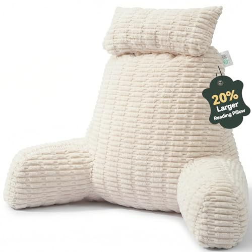 MEREZA Reading Pillow for Bed Adult, Extra Large Back Support Pillow with Neck Roll, Soft Corduroy Cuddle Cushion with Blanket for Bed Sofa Chair, TV Watching Gaming Relaxing Working Cream