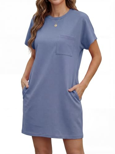 GRECERELLE Women's Summer T-Shirt Mini Wrinkle-Free Dress with Pockets | Short Sleeve Soft Holiday Beach Dresses for Ladies UK with Pocket Sundress everyday styling