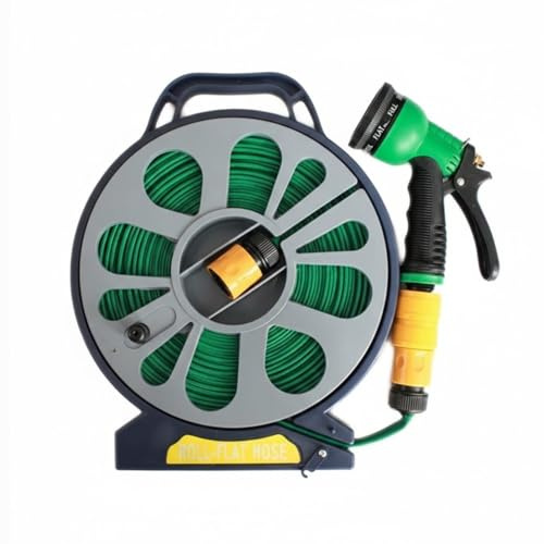 50ft Flat Garden Hose with Spray Nozzle, Compact Hose Reel with Carry Handle, Space-Saving Roll-Flat Hose for Garden & Outdoor Use