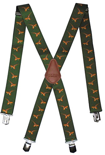 JACK PYKE Elasticated Braces for Men, 4 Strong Clips, Cross-Back Leather Trim, Adjustable 70-115cm, 35mm Wide Suspenders for Hunting, Shooting, Fishing, Field Sports - Pheasant Green
