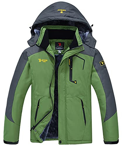 donhobo Herren Schneejacke Winddicht wasserdichte Skijacken Winter Fleecejacken mit Kapuzen Regenmantel Outdoor Wanderjacke(Grün,L)