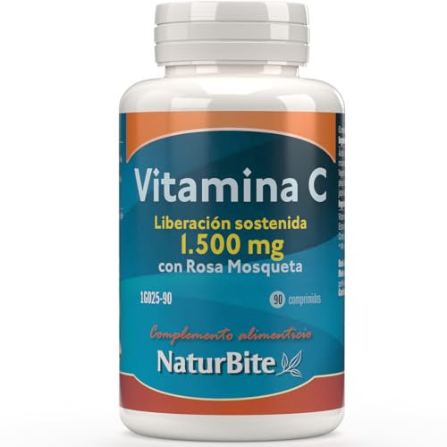 Vitamina C 1500mg con Liberación Sostenida, 90 comprimidos, NaturBite. Comprimidos de Alta Potencia | Con Rosa Mosqueta y Bioflavonoides para una Mayor Absorción | Refuerzo del Sistema Inmunológico