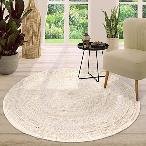 TT Home Jute Teppich Rund Wohnzimmer Esszimmer Boho Modern Handgemacht Mit Umrandung, Farbe:Weiß, Größe:120 cm Rund