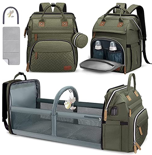 DERJUNSTAR Diaper Bag Backpack, Large Baby Bag with Changing Pad, Thick Padded Back & Straps, Laptop Compartment, Waterproof Travel Backpack with USB Port, Multi-Function for Mom & Dad, Army Green
