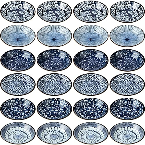 Ramede 24 Pcs Japanese Soy Sauce Dish 3.5 OZ Small Ceramic Dipping Bowls Bulk Mini Side Dishes Vintage Blue Seasoning Porcelain Pinch Bowl Set for Sushi Dip Snack Condiment Appetizer Ketchup BBQ Party