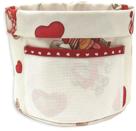 Cestino porta pane da ricamare a punto croce, Cestino per il pane con tela aida, Cestino porta pane in tessuto Gnomi/Cuori