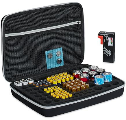 Relaxdays Organizador de Pilas con Comprobador, Portapilas y Tester, para 134 Baterías de Tipo AA, AAA, C, D & 9V, Negro, Nailon, 24 x 34 x 8 cm