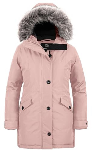 Wantdo Manteau d'Hiver en Duvet pour Femmes Parka Chaude pour l'Extérieur Veste Coupe-vent avec Capuche en Fourrure Détachable pour le Travail et la Marche Rose Clair 52-54