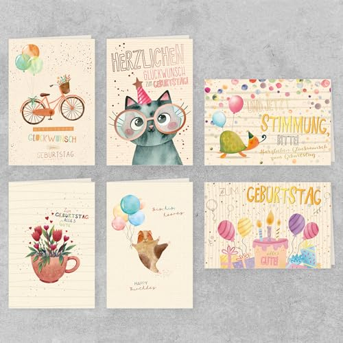 GreenLine Geburtstagskarten, 12 Stück mit Umschlag | Glückwunschkarte aus 100% baumfreien Zuckerrohrpapier, Plastikfreie Verpackung | Klappkarte zum Geburtstag | 11,5 x 17 cm