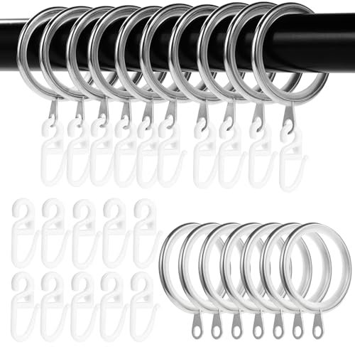 50PCS Black Metal Curtain Rings with Hooks, 37mm Inner Diameter Silent Glide Rings for Curtain Rods, Shower & Drapery