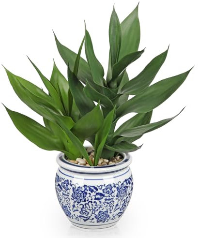 Arborus Planta Artificial de Bambú de la Suerte para Interiores en Maceta de Cerámica de 12.5 Pulgadas - Maceta de Porcelana Azul y Blanca, Plantas Falsas