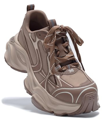OG offground Chunky Sneakers for Women, Womens Fashion Sneakers, Leather Comfortable Dad Shoe Lace-Up Platform Walking Running ShoesBrown US 8