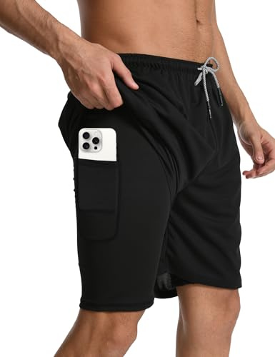 HovSiyla Mens 2 in 1 Workout Running Shorts Gym Quick Dry Shorts Athletic Training Liner Ligheweight with Zipper Pocket Black Medium