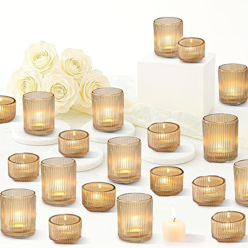 20 Set Gold Tea light Candle Holders Bulk, Glass Ribbed Votive Candle Holders, Assorted Tealight Candle Jars for Table Centerpiece Decoration Wedding Birthday Christmas Party Home Church Gift