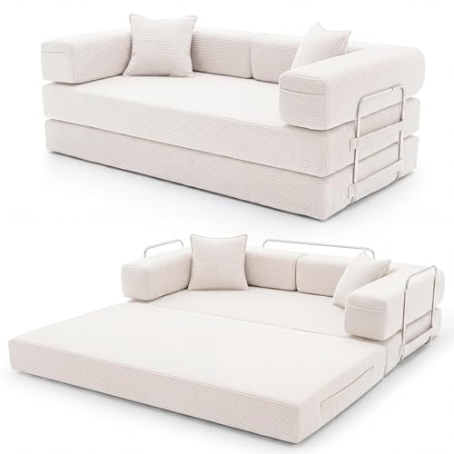 YINIX Schlafsofa 200cm breit - Modulares Bodensofa klappbar, Boneless Couch aus Cord, Gästebett mit Metallrahmen, Waschbar (Creme, 200, Zentimeter)