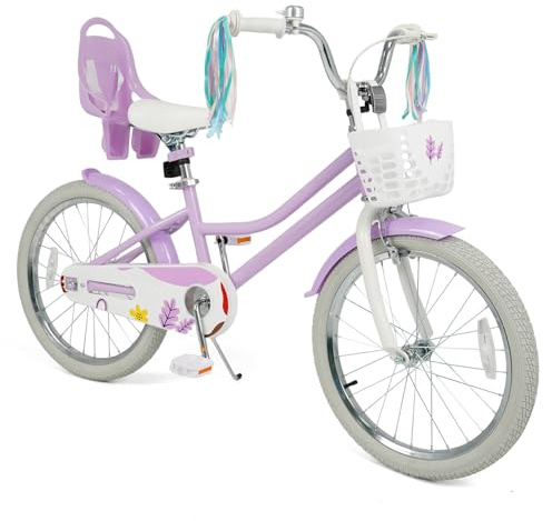BABY JOY Girls Bike, 20 Inches Kids Bicycle w/Basket, Doll Seat, Colorful Streamers, Kickstand, Reflectors, Handbrake & Coaster Brake for 8+ (20 Inches, Kickstand, Purple, Doll Seat & Streamers)