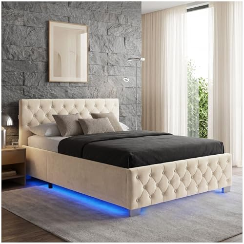 tectake® Letto Matrimoniale Imbottito con Rete a Doghe 120x200 cm, Letto Contenitore Matrimoniale e Illuminazione LED, Struttura in Acciaio, Velluto Trapuntato Chesterfield, con Telecomando - Sabbia