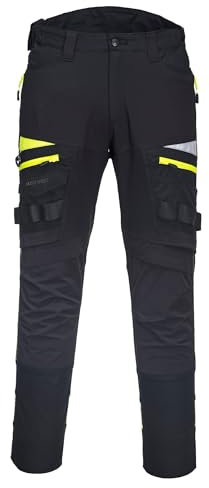 Portwest DX449 Mens Slim Fit Work Trousers - Durable Construction Work Hi Vis Cargo Trousers with Stretch Fabric and Knee Pad Pockets Black, 34