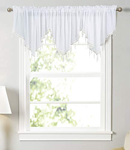 Molaxhome Lace Valance Swag Curtain 51 Inch Scalloped Sheer Curtain Panels with Crystal Beads - Rod Pocket Farmhouse Window Treatment for Kitchen Bedroom 1pc Boho Chic Drape Decor white