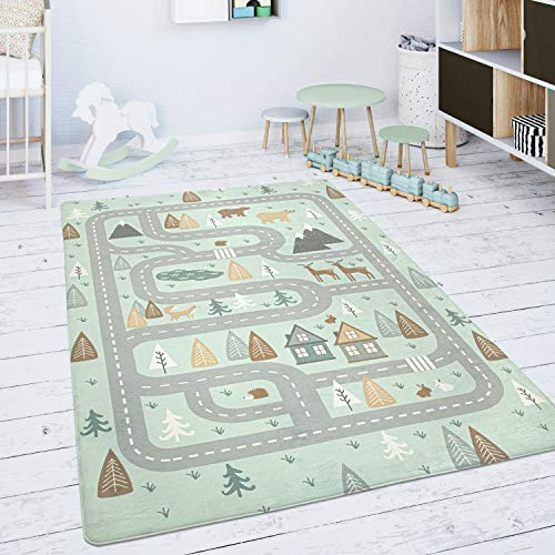 Paco Home Tapis Chambre Enfant Tapis De Jeux Tapis Bébé Route Ours Élan Arbres Vert Gris, Dimension:155x230 cm