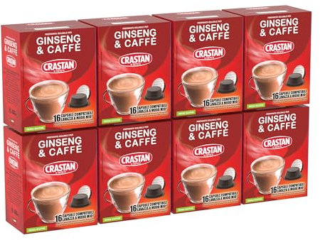 CRASTAN 1870 - Capsule compatibili A Modo Mio - Ginseng e Caffè - 8 Box da 16 Capsule - Totale 128 Capsule - Senza glutine