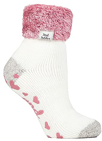 HEAT HOLDERS Ladies Lounge Feather Turn Over Cuff Socks with Grips 1 Pair | Cosy, Warm Slipper Socks, Soft, Non-Slip Gripper, Gift Idea