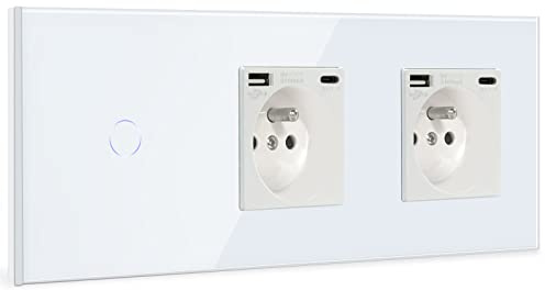 BSEED Interrupteur Tactile avec Double Prise Murale USB et 1 Type C,Blanc 1 Gang 1 Voie Mural Commutateur de Lumière avec Capteur Tactile Panneau Verre Cristal,Multiprise Murale avec USB(max2.1A)