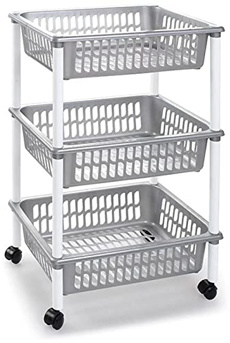 Acan Tradineur - Carrito verdulero Modelo PLFT de plástico con 3 Niveles y Ruedas, cestas apilables portaobjetos, Frutas, Verduras (Plata - 61,5 x 40 x 30 cm)