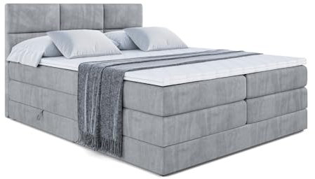 ALTDECOR Boxspringbett mit Matratze und Lattenrost, Topper, Polsterbett mit Bettkasten, Bett mit Stauraum H3- und H4- Matratze, Doppelbett, Springboxbett - Ohio King - 180x200 - Grau Samt