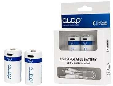 CLDP USB Rechargeable Size C Batteries // 1.5v // 3000mWh // High-Capacity // Fast Charge // 1600+ Cycles // ZnNi // Eco-friendly // Pack of 2 + Dual-C Charging Cable