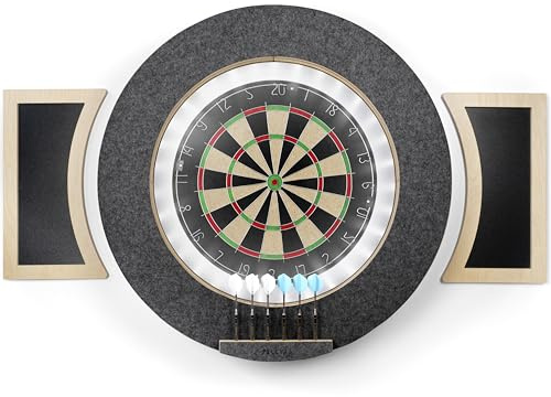 peleya Dart Board Cabinet Set with LED Light; Bristle Dartboard, Built in LED Light, Darts and Chalkboards (Black, Official Tournament Size)
