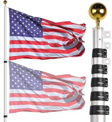 NELXINJO 20ft Telescopic Flag Pole - Extra Thick Outdoor Telescoping Flag Poles with 3x5 American Flag for Residential or Commercial,Silver