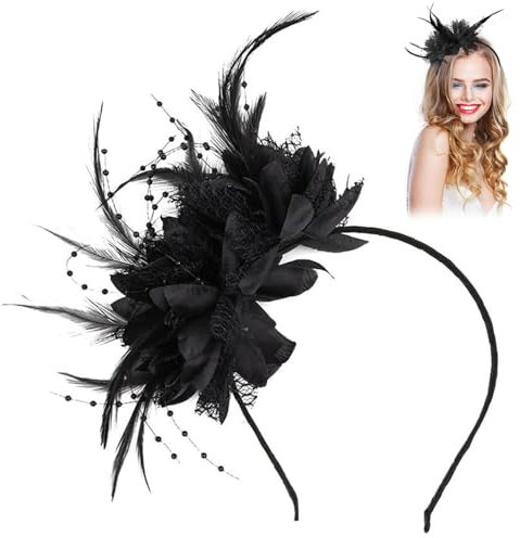 Fascinator mit Perlen und Federn, Fascinator für Damen, 1920er-Jahre-Feder-Fascinator-Stirnband für Damen, Flower Mesh Face Veil Feather Hair Clip für Cocktail Halloween (Schwarz, Einheitsgröße)