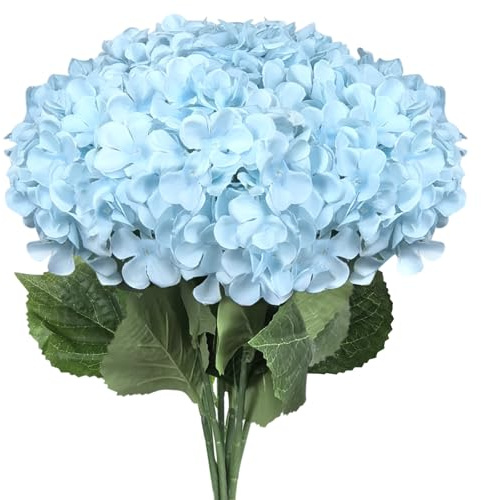 Subacy 6 PCS Artificial Hydrangea Flowers, Faux Silk Hydrangea with Long Stems, Home Wedding Decor, Table Centerpieces, Party Decorations(Light Blue)