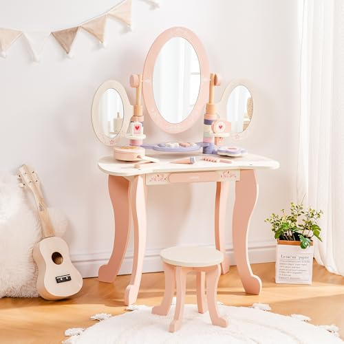 ROBUD Kids Vanity Table and Chair Set, Pink Girls Vanity with 11Pcs Accessories, Pretend Play Kids Vanity with Mirror and Drawer, Princess Makeup Desk Dressing Table, Ideal Gift for Girls Age 3+