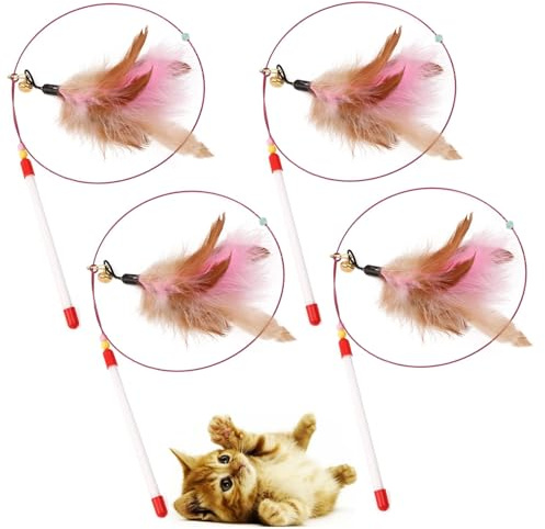 ZKFSIE 4PCS Interactive Feather Wand Toy Set with Bells & Colourful Feathers - Durable Cat Teaser for Indoor Play, Exercise & Bonding, Ideal for Kittens & Adult Cats