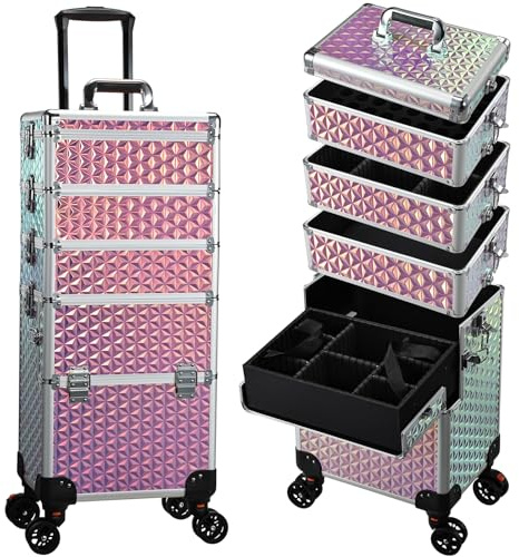 Valise Maquillage 5 en 1 Malette Maquillage Professionnelle sur roulettes Malette Onglerie Aluminium Valise Coiffure Trolley Maquillage Valise Esthetique, Rose