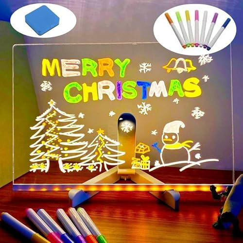 LED Note Board with Colors, Acrylic Dry Erase Board with Light, LED Acrylic Message Board, Light Up Dry Erase Board with Stand and 7 Colors Pen, LED Drawing Board for Kids Christmas (30cm X 20cm)