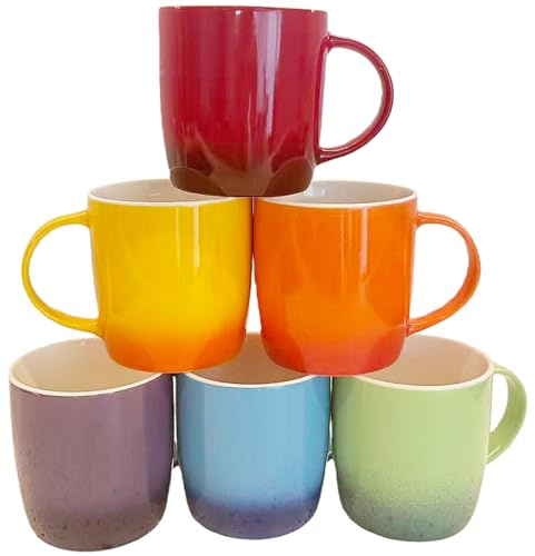 simpa Multi-Coloured Rainbow Stoneware Mugs – Set of 6 Gradient Colour Coffee & Tea Cups – 350ml