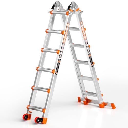 Wolec Telescoping A-Frame Ladder with Wheels & Stabilizer Bar - 20FT Folding Extension Ladder, 330lb Security Load Multi Position Ladders for Stairs Home Indoor Outdoor Roof