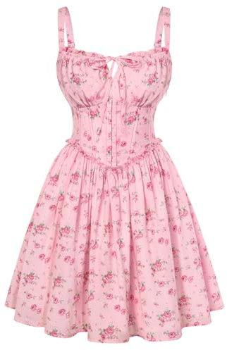 SCARLET DARKNESS Women Mini Corset Dress Victorian Floral Sun Dress Sleeveless Spaghetti Strap Summer Dresses for Beach Weeding Party Pink Floral XL