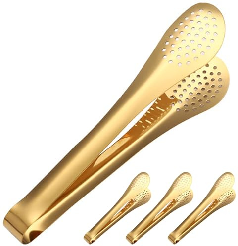 Pinzas para servir 4 pinzas de acero inoxidable dorado pulido resistentes al calor con agujeros para ensalada, pan, buffet, cocina, pan de acero inoxidable