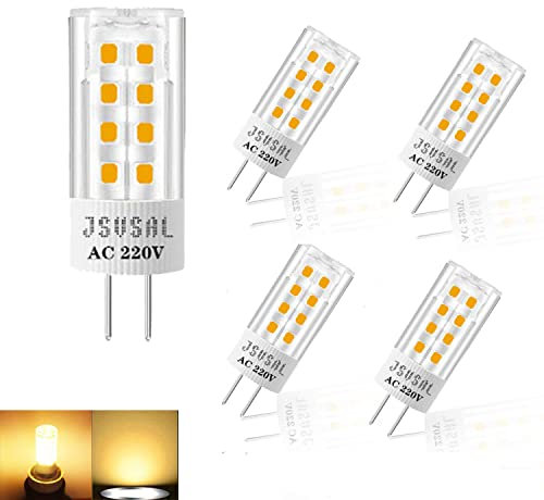 JSVSAL Paquete de 4 bombillas LED G4 de 5 W con base de dos pines, base G4, CA 220 V, blanco cálido, 3000 K, equivalente a iluminación de paisaje de 40 W T3 (blanco cálido, 3000 K, CA 220 V)