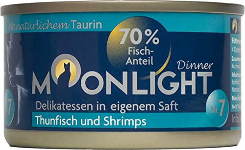 Moonlight Premium våtfoder för katter | kornfritt recept | Delikatess i egen juice | mycket köttinnehåll | (nr 7 tonfisk och räkor 80 g)
