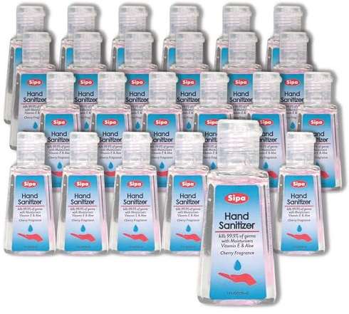 SIPA Bulk Cherry Scent Hand Sanitizer Travel Size Bundle 1 oz, Cap Bottle, Protect Against Germs with Vitamin E Formula, with 2 Free Keychain Holder (1oz Pack of 24)