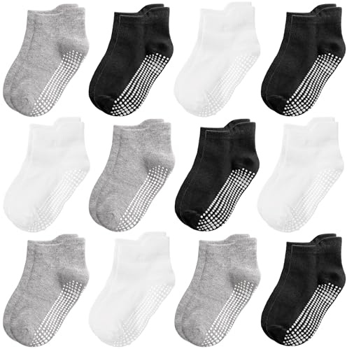 Tphon Non Slip Toddler Socks 12 Pairs Kids Grip Sock for Boys Girls Baby Ankle Socks with Gripper for 3-5 Year Children